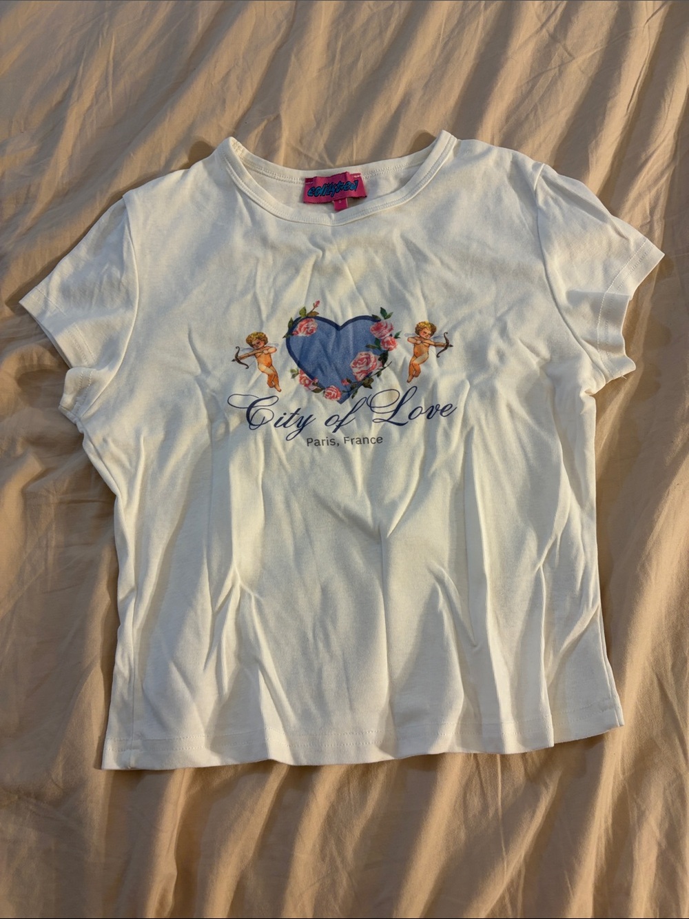 Edikted White Tee with Blue Heart & Cherubs